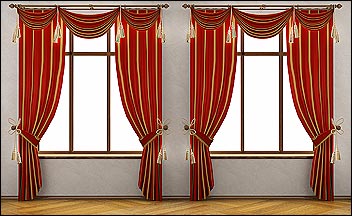 These draperies hang from a double rod with decorative finials, swags and tassels. They have both fabric tiebacks and decorative metal holdbacks. Click to Enlarge