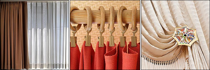 Left: Traditional pinch pleated draperies on a traverse rod. Center: Decorative wooden rod with curtain ring clips. Right: A decorative holdback. Click to Enlarge